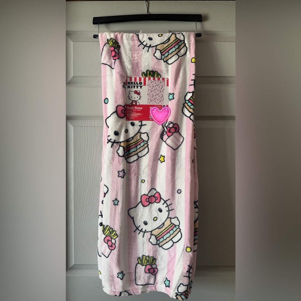 Hello Kitty burger and fries blanket pink and white stripe RARE NWT